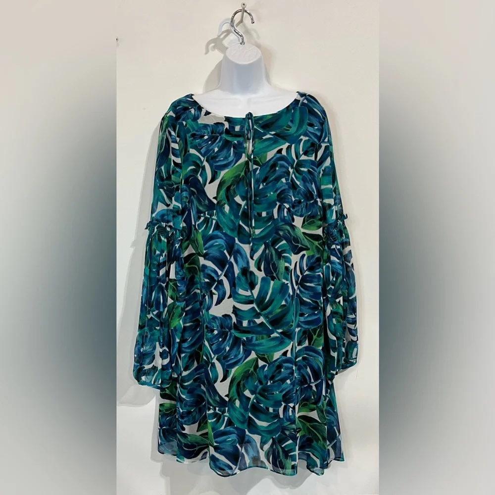 Blue Green Leaf-Print Long-Sleeve Shift Dress